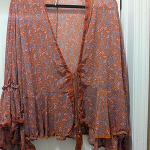 Free People Rust Floral V-Neck Tassel Tunic with Blue Flowers